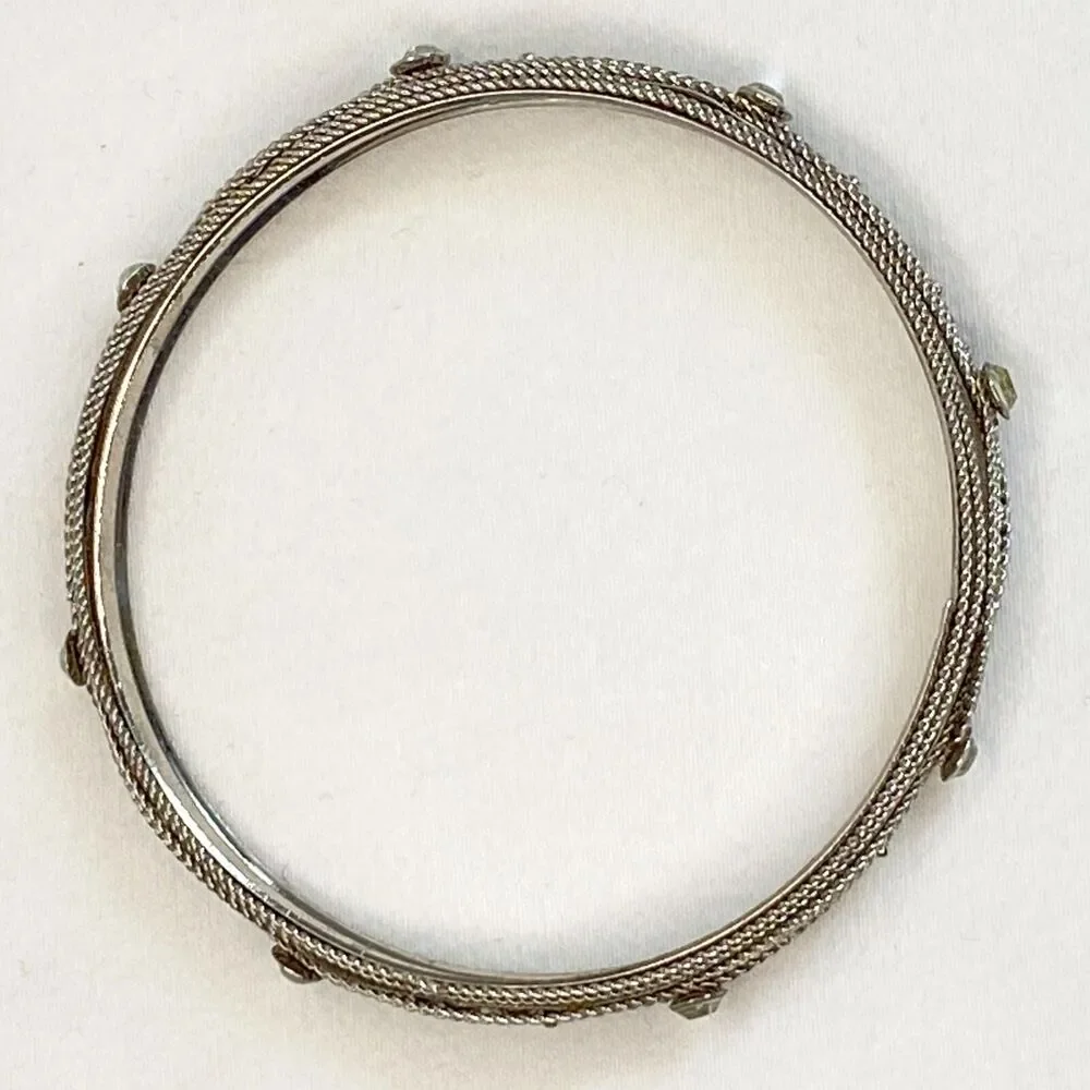 Silver Tone Ornate Bangle Clear Rhinestones and Filigree Embellishments